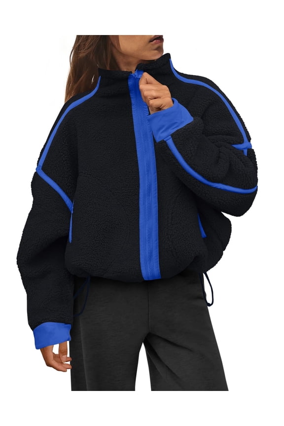 Women's Sherpa Fleece Zip-Up Jacket Contrast Fall Winter Warm Sweatshirt(Black,S)