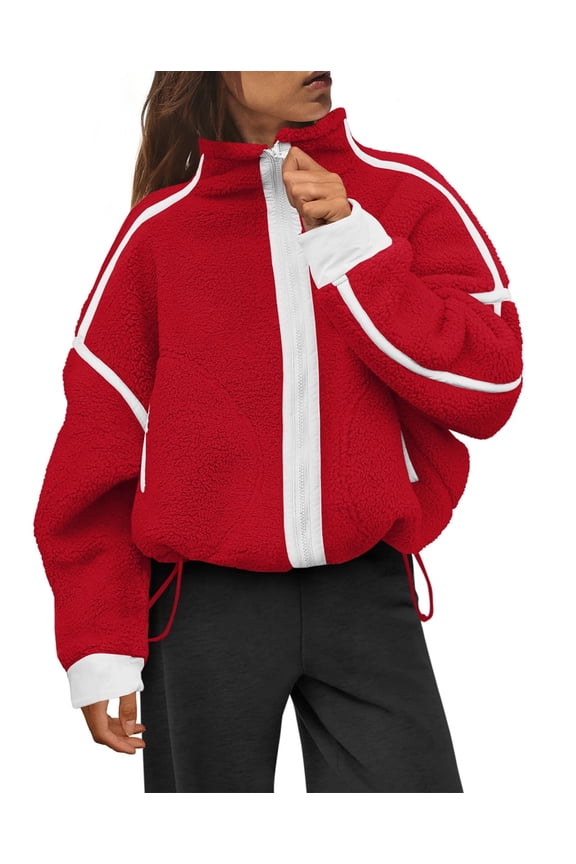 Women's Sherpa Fleece Zip-Up Jacket Contrast Fall Winter Warm Sweatshirt(Red,M)