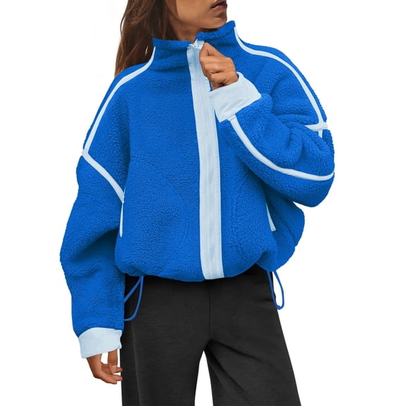 Czanzd Women's Sherpa Fleece Zip-Up Jacket Contrast Fall Winter Warm Sweatshirt(Blue,S)