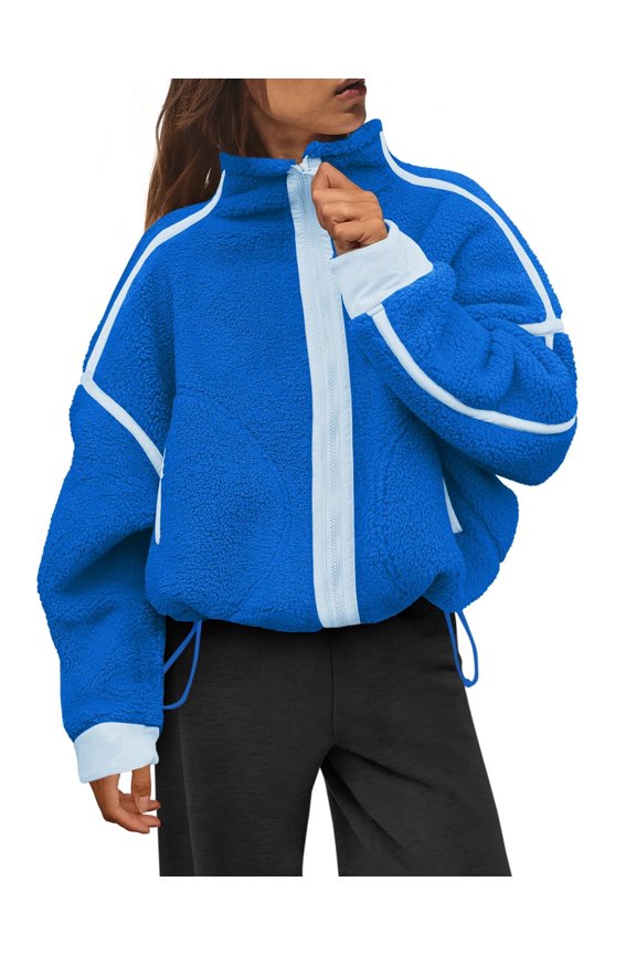 Women's Sherpa Fleece Zip-Up Jacket Contrast Fall Winter Warm Sweatshirt(Blue,S)