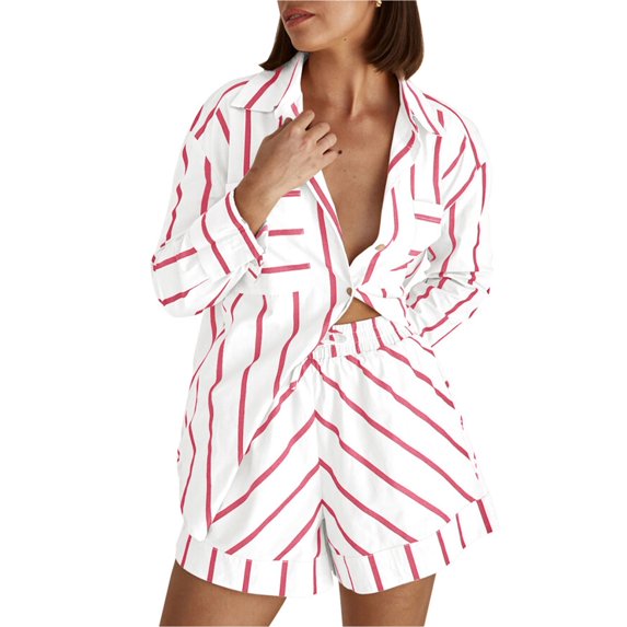 Czanzd Women Striped Two-Piece Outfit Shirt and High Waist Shorts Loungewear Set,Pink,XL