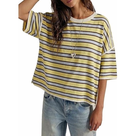 Czanzd Women's Striped Oversized Casual Color Block Short Sleeve T-Shirt Top - Yellow, Small