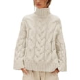 thumbnail image 1 of Czanzd Womens Cable Knit Turtleneck Sweater, Oversized Loose Pullover, Apricot, Size M, 1 of 8