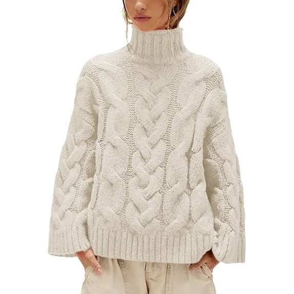 Czanzd Womens Cable Knit Turtleneck Sweater, Oversized Loose Pullover, Apricot, Size M