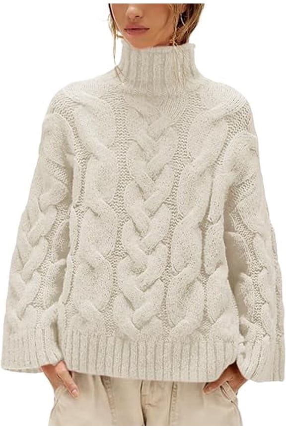 Womens Cable Knit Turtleneck Sweater Oversized Loose Pullover Tops-Apricot,XL