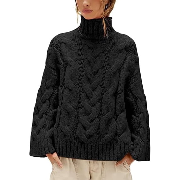 Czanzd Womens Cable Knit Turtleneck Sweater Oversized Loose Pullover Tops-Black,XL