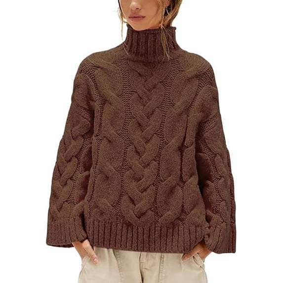Czanzd Womens Cable Knit Turtleneck Sweater Oversized Loose Pullover Tops-Brown,M