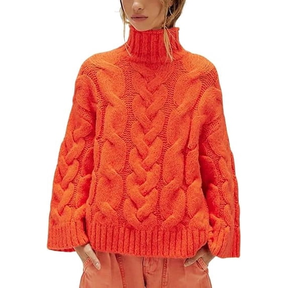 Czanzd Womens Cable Knit Turtleneck Sweater Oversized Loose Pullover Tops-Orange,L