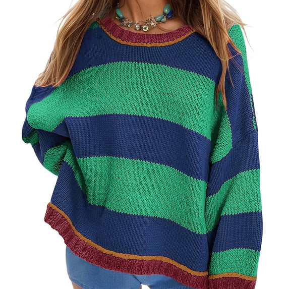 Czanzd Women's Oversized Striped Crewneck Knit Sweater,Green,M