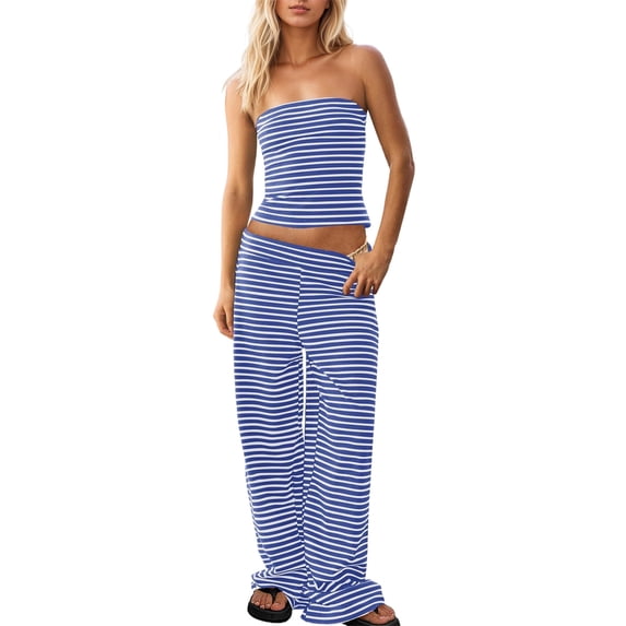 Czanzd Women's Striped Tube Top and Wide Leg Pants 2 Piece Outfit Set,S,Blue