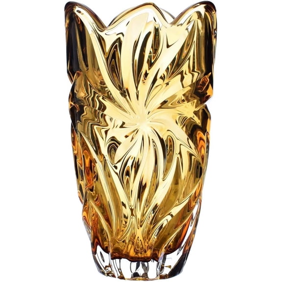 Czech Bohemian Crystal Glass Vase 11"-H Amber ''Flora'' Vintage Design Elegant Centerpiece Flower Vase Home Decor Wedding Birthday Housewarming Anniversary