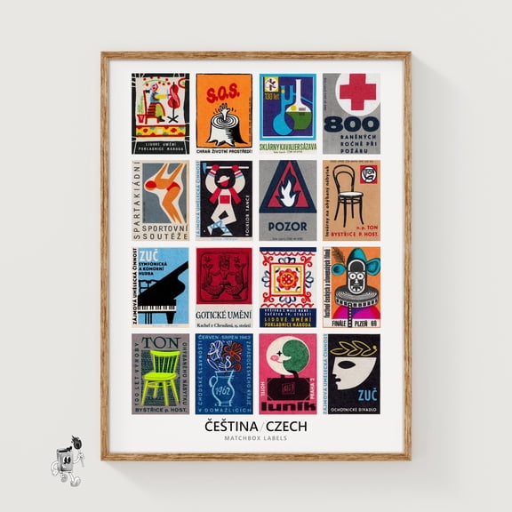 Czech Matchbox Labels Grid Print Vintage Ephemera Poster Language Collection Typography Focus red wall art