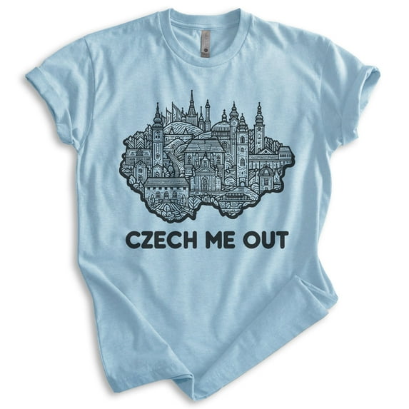Czech Me Out T-shirt, Unisex Women's Men's Shirt, Czech Republic Prague Czechia Travel Europe Pun, Heather Light Blue, Large