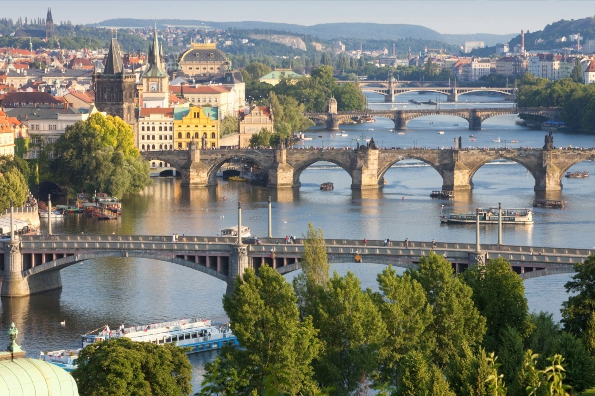 Czech Republic Prague - Bridges over Vltava River and Boat Traffic Canvas Art - Panoramic Images (36 x 12)