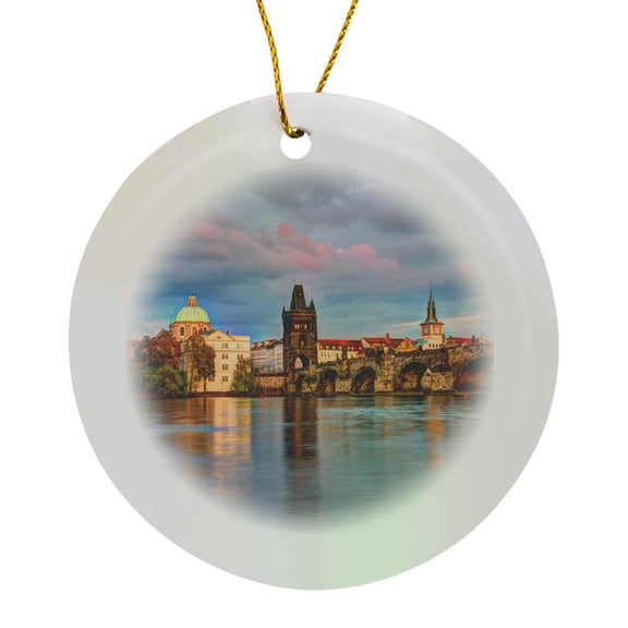3drose, Czech Republic, Prague. Charles Bridge and Vltava River., Circle Porcelain Ornament