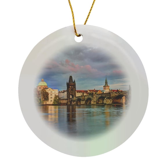 3drose, Czech Republic, Prague. Charles Bridge and Vltava River., Circle Porcelain Ornament