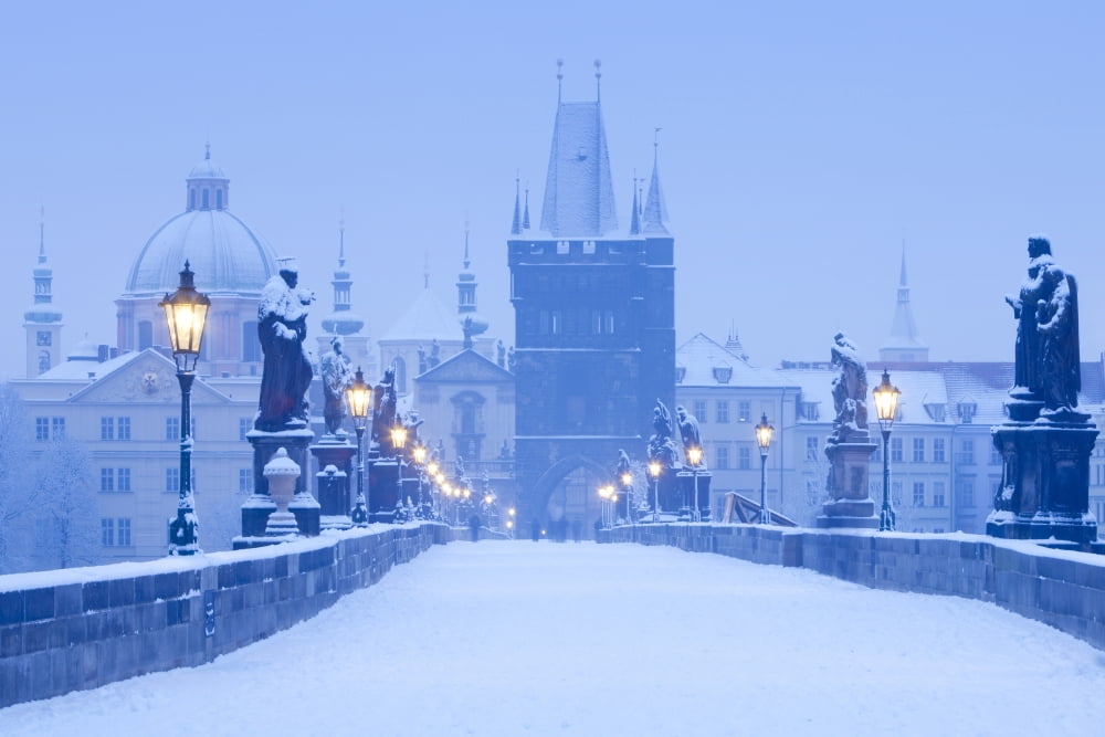 Czech Republic Prague - Charles Bridge in winter Canvas Art - Panoramic Images (27 x 9)