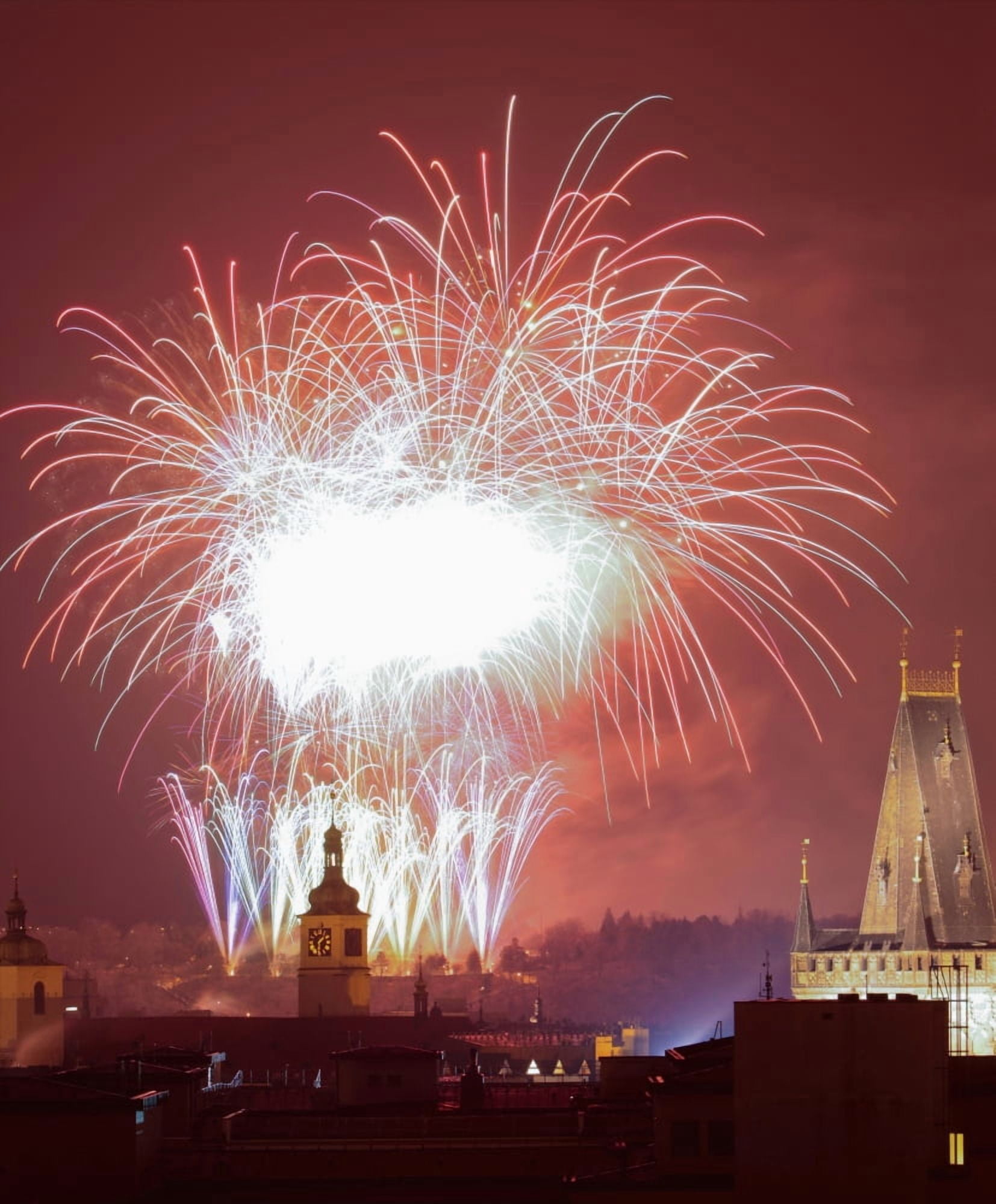 Czech Republic Prague - New Years Fireworks over the Old Town Canvas Art - Panoramic Images (12 x 36)