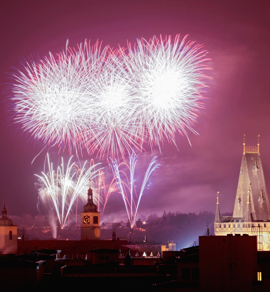 Czech Republic Prague - New Years Fireworks over the Old Town Canvas Art - Panoramic Images (24 x 24)