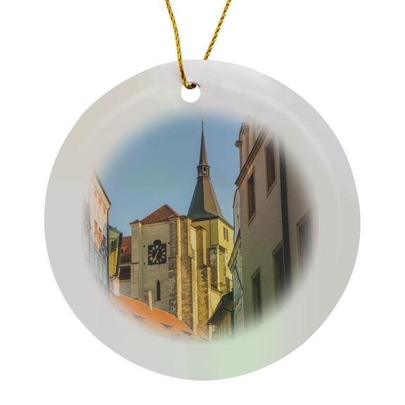 3drose, Czech Republic, Prague. View of Steeple and Clock in Old Town Prague., Circle Porcelain Ornament