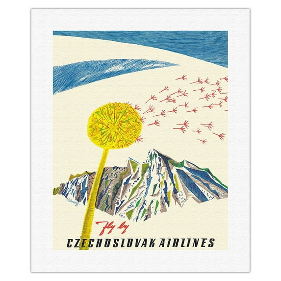 Czechoslovakia - Fly by Czechoslovak Airlines (CSA) - Dandelion - Vintage Airline Travel Poster c.1950s - Fine Art Rolled Canvas Print 16in x 20in