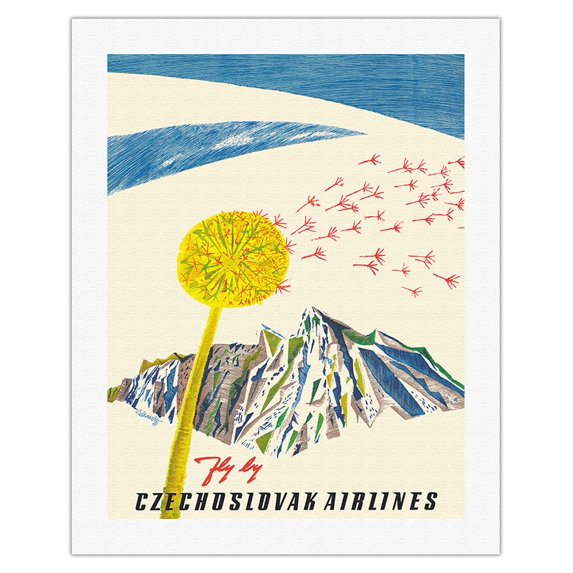 Czechoslovakia - Fly by Czechoslovak Airlines (CSA) - Dandelion - Vintage Airline Travel Poster c.1950s - Fine Art Rolled Canvas Print 20in x 26in
