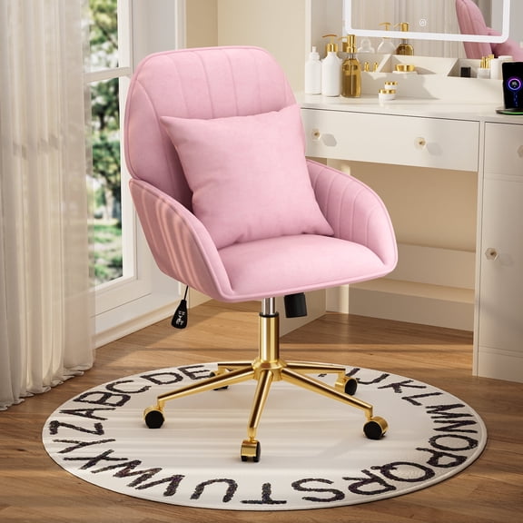 FervorFurn Velvet Rolling Vanity Chair, Adjustable Backrest Desk Chair with Lumbar Pillow for Bedroom Home Office,Pink