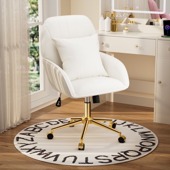 FervorFurn Home Office Chair, Velvet Makeup Vanity Chair, Comfy with Adjustable Swivel Wheels, for Living Room, Bedroom, White