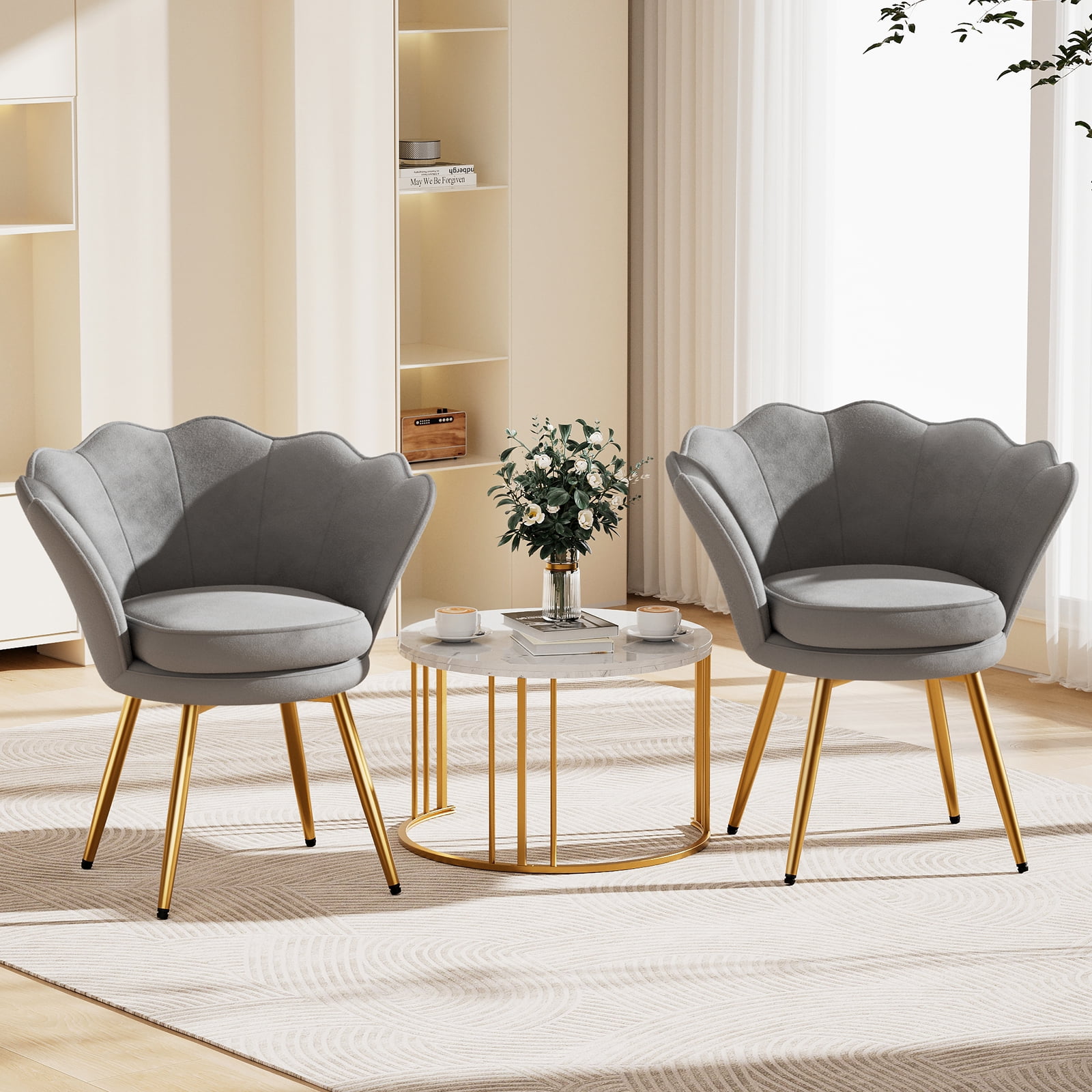FervorFurn Velvet Vanity Chair Set of 2, Shell Back Accent Chair with Gold Legs, Comfortable Upholstered Makeup Chair for Bedroom & Living Room