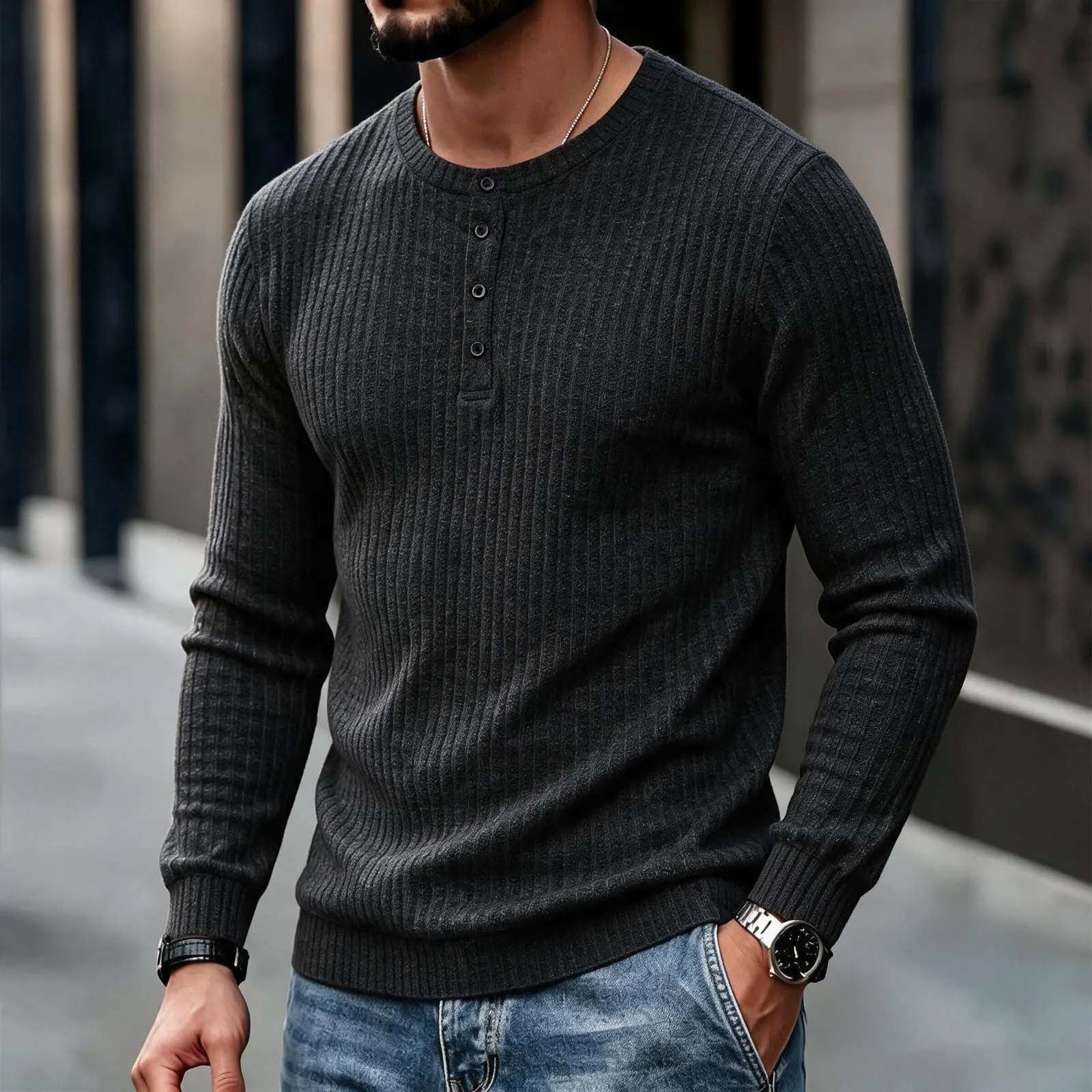 Czstvyn Men's Henley Sweater - Long Sleeve Pullover Button Solid Waffle ...