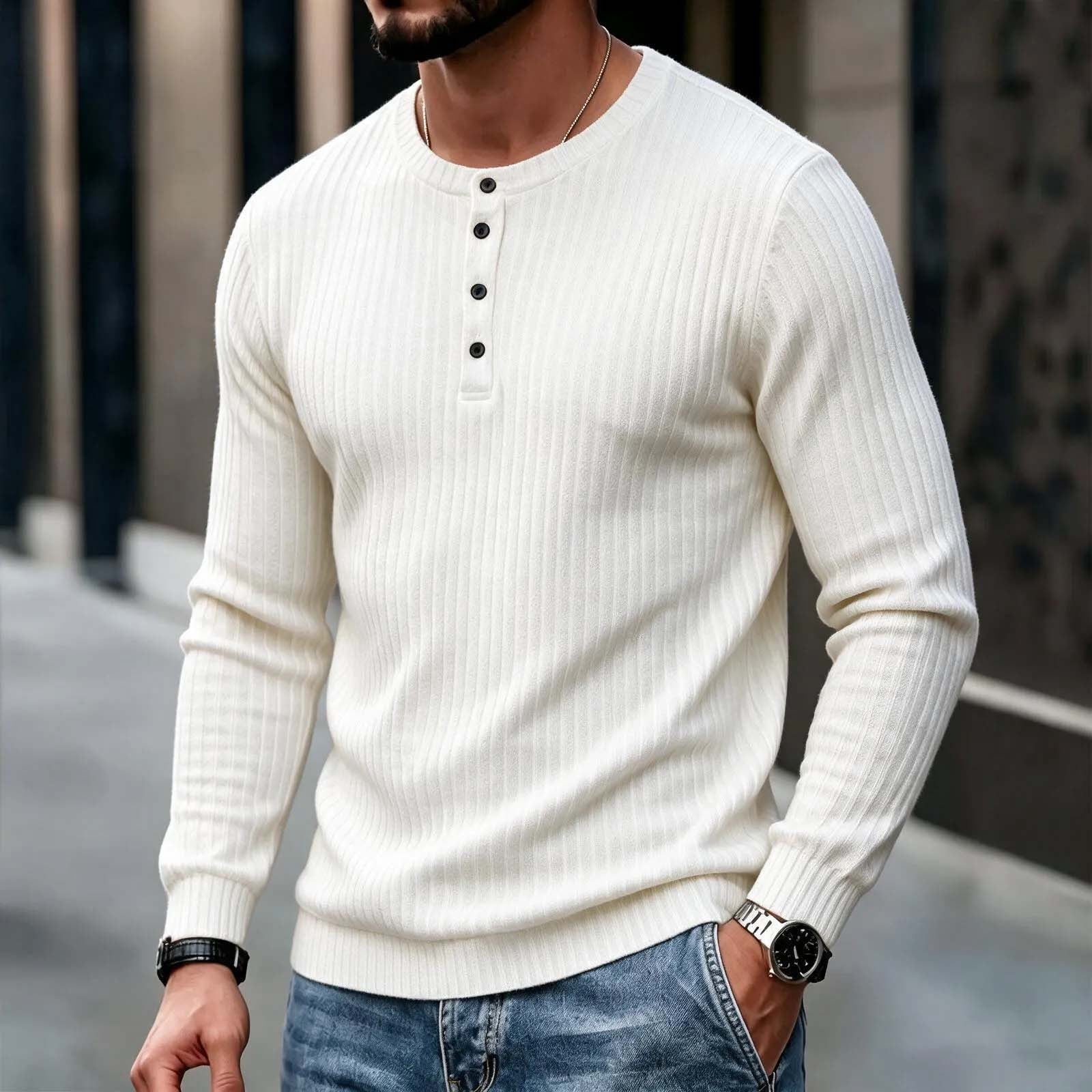 Czstvyn Men's Henley Sweater - Long Sleeve Pullover Button Solid Waffle ...