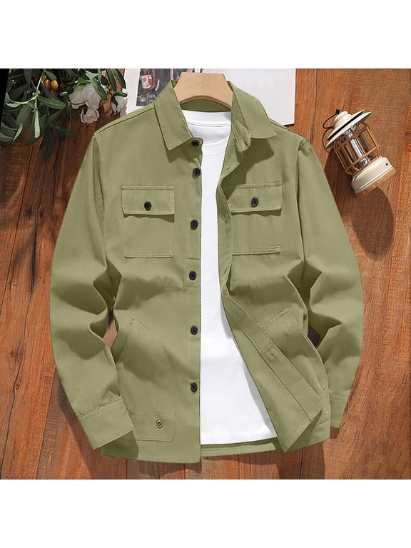 Men's Jacket Long Sleeve Button-Front Pockets Spring Cargo Button Collared Hip Regular Front Solid