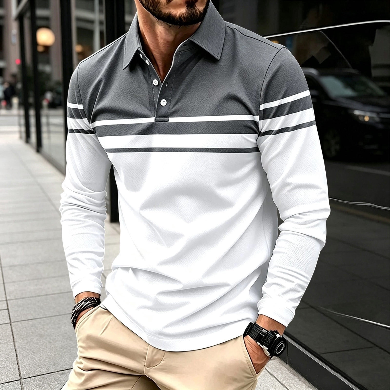 Czstvyn Men's Long Sleeve Button Front Collared Polo Shirt Regular ...