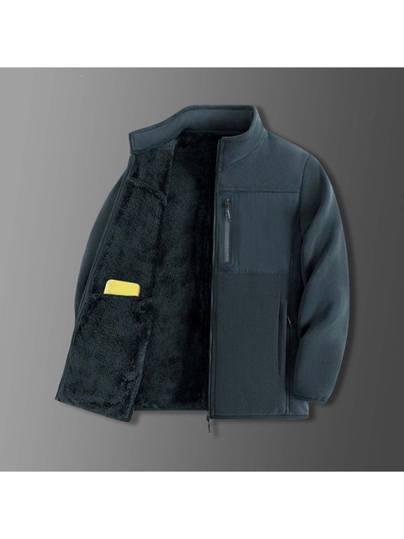 Men's Long Sleeve Jacket - Zip-Up Stand Collar Fleece Pockets Zipper Fleece-Lined Solid Everyday
