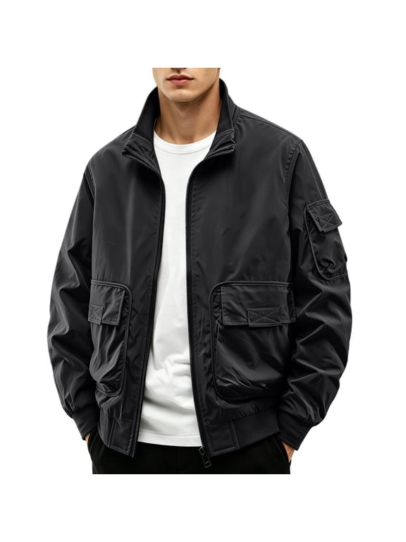 Men's Long Sleeve Zip-Up Stand Collar Jacket Pockets Zipper Solid Front Closure Outdoor Activities
