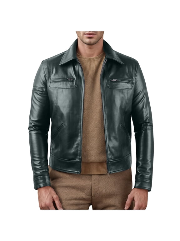 Mens Outerwear Jackets Bomber Vintage Distressed Punk Stand Collar Zipper Long Sleeve Leather Jacket for Men for Spring and Autumn