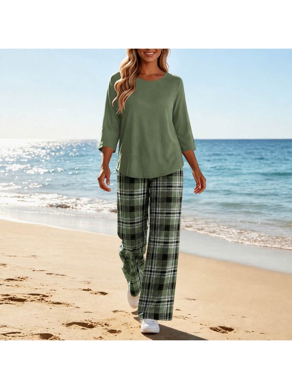 Outfit Set Women's Crew Neck 3/4 Sleeve Loose Fit Straight Leg Cropped