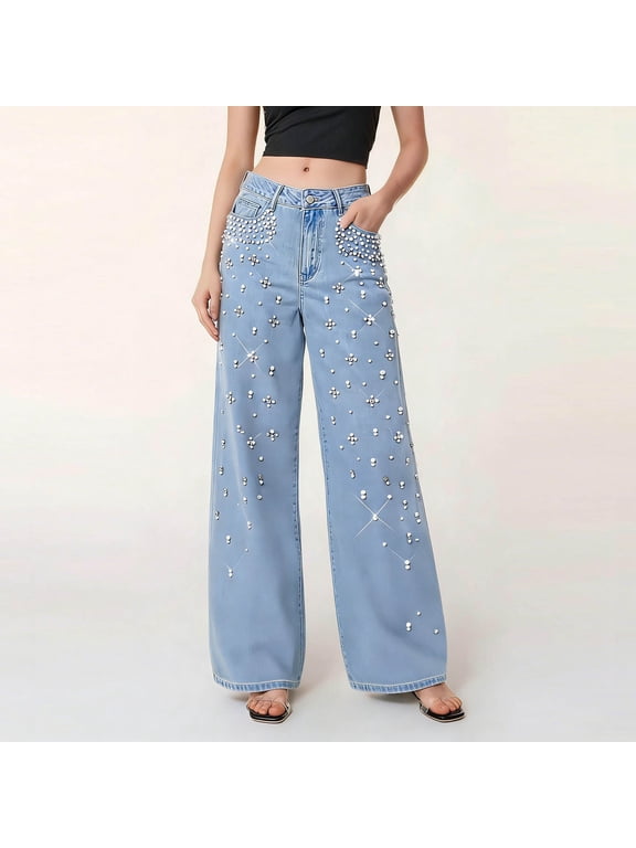 Stylish Pearl Rhinestone Decorated Denim Jeans for Women, Solid Casual Full Length Sparkle Pants