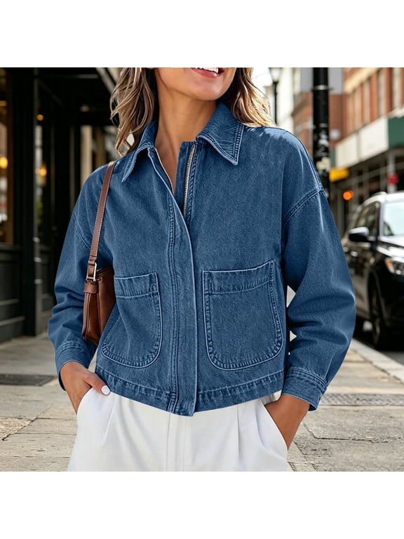 Women's Collar Jacket - Zip-Up Button-Front Long Sleeve Denim Pockets Elastic Stretch Solid