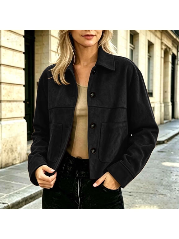 Women's Jacket Collar Long Sleeve Fitted Button Closure Single-Breasted Snap Pockets Edgy Suede Solid