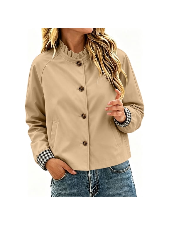 Women's Jacket Long Sleeve Button-Front Pockets Button Collared Hip Shirt Gingham Trim Plaid Checkered