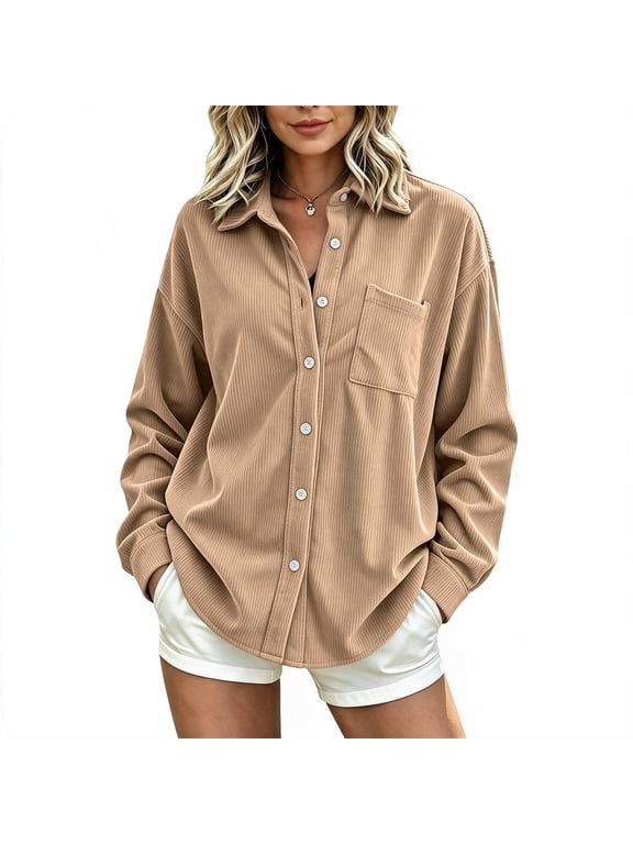 Women's Jacket Long Sleeve Button-Front Pockets Button Collared Hip Shirt Solid Buttons Everyday