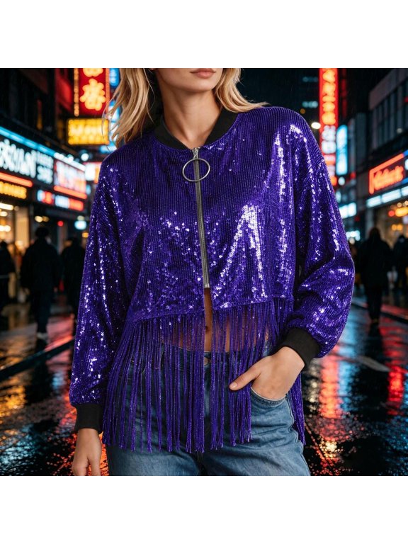 Women's Jacket Long Sleeve Zip-Up Zipper Tassel Sequin Stand Collar Hip Relaxed Solid Fringe