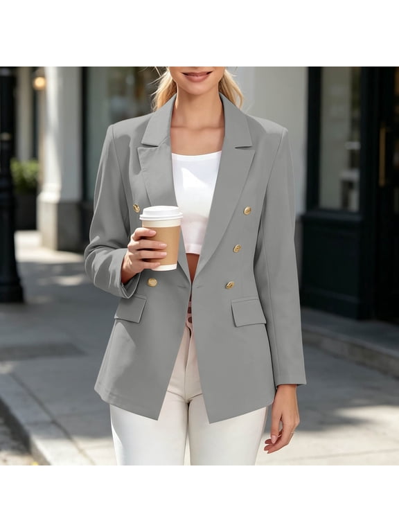 Women's Long Sleeve Button-Front Jacket Pockets Fall Button Notched Collar Hip Solid Spring and Layering