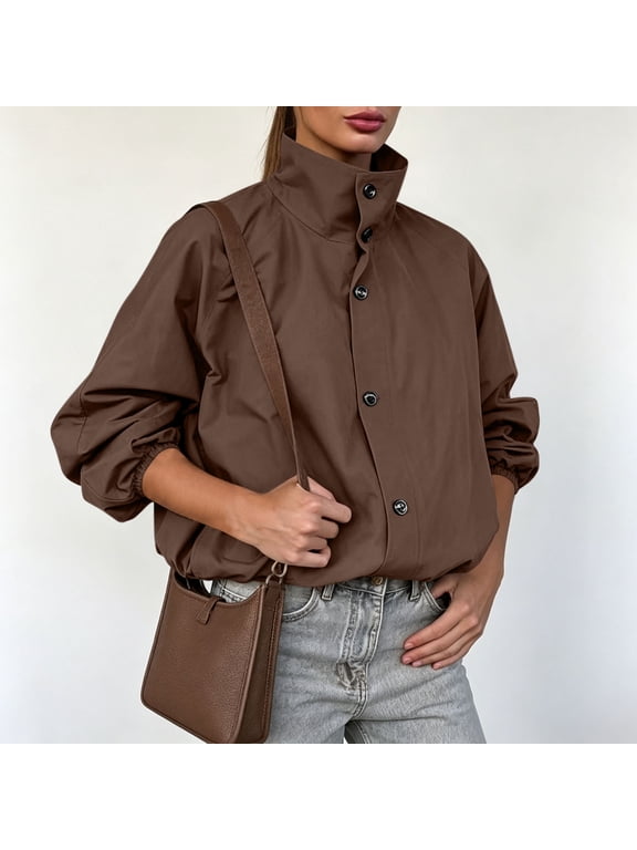 Women's Long Sleeve Zip-Up Stand Collar Jacket Pockets Stretch Zipper Collared Hip Solid