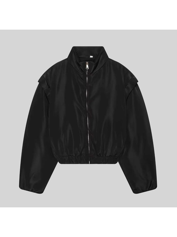 Women's Long Sleeve Zip-Up Stand Collar Jacket Zipper Relaxed Ribbed Cuffs Hem Solid