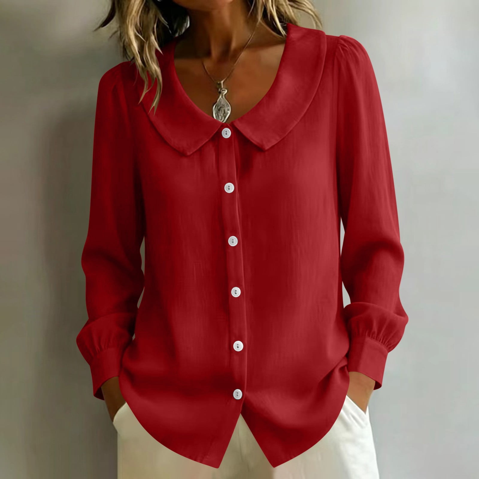 Czstvyn Women's Loose Fit Button-Up Shirt - Button-Front Collared Solid ...