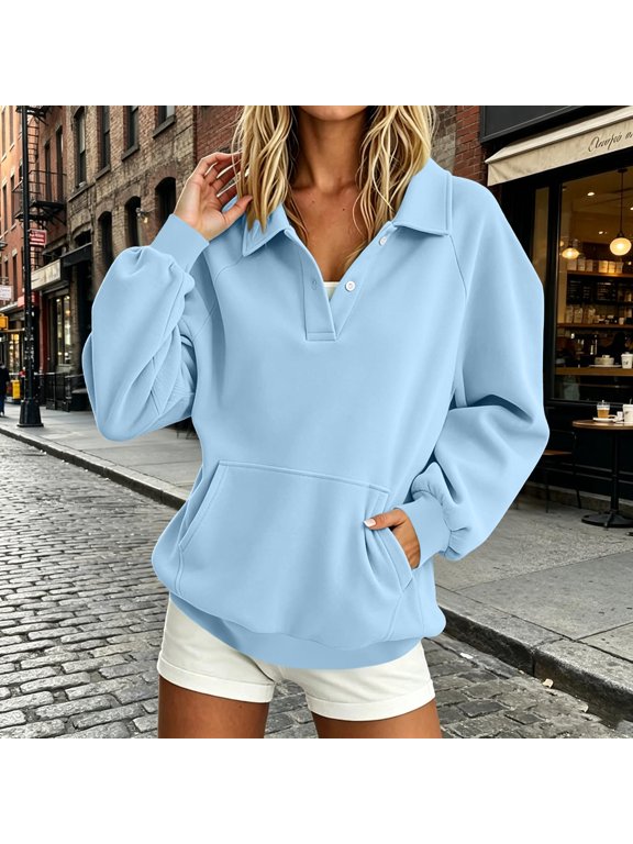 Women's Loose Fit Jacket - Collar Long Sleeve Button-Front Pockets Mock Neck Hip Relaxed Everyday Athletic Sporty