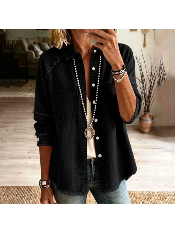 Women's Loose Fit Long Sleeve Jacket Denim Tassel Collar Midi Relaxed Roomy Solid Everyday