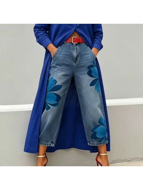 Women's Printed Denim Jeans Full Length Casual, Stylish Pattern Pants for Women Everyday Wear